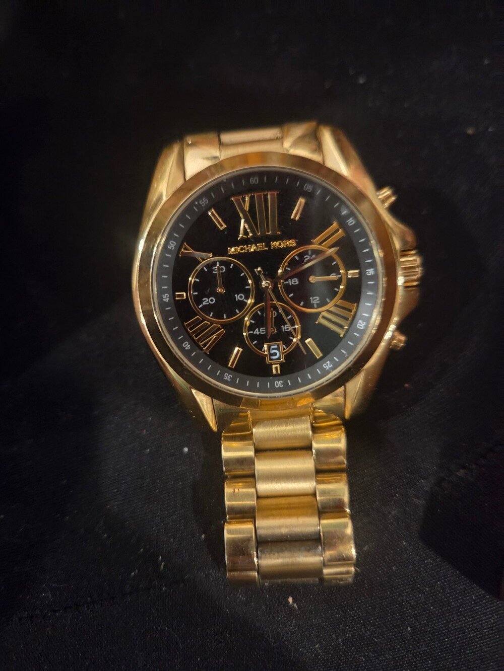 Michael Kors Gold-Tone Watch Black Dial Roman Numerals Date Window